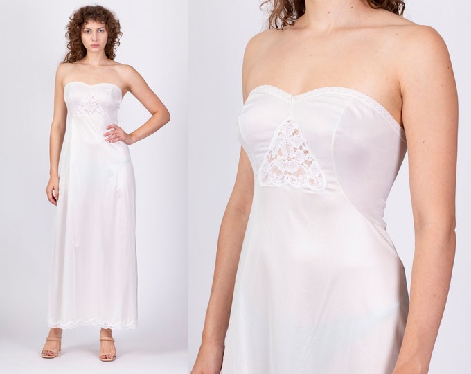 70s Offwhite Strapless Maxi Slip Medium Vintage Sheer Lingerie Dress