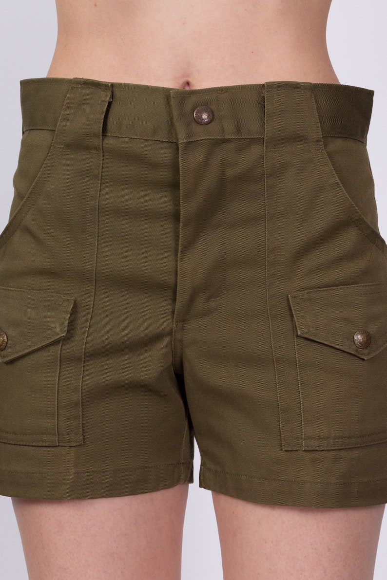 70s High Waist Boy Scout Uniform Shorts XS to Small Vintage Olive Green Utility Cargo Shorts image 6