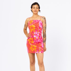Vintage 90s Pink & Orange Tropical Floral Mini Dress - Extra Small | Boho Summer Sundress, Spaghetti Strap Beach Vacation Party Dress