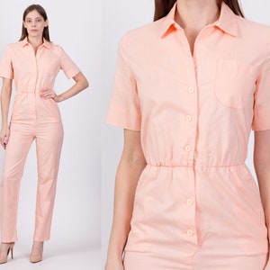 Small 80s Peach Button Front Jumpsuit | Vintage Fitted Waist Short Sleeve Collared Pantsuit