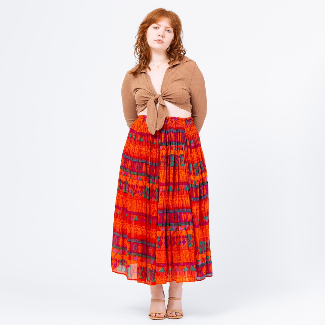 Vintage 90s Boho Orange Geometric Broomstick Skirt - Medium | Boho