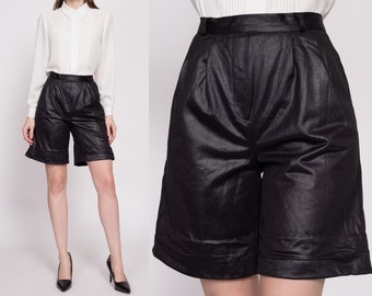 80s Shiny Black High Waisted Shorts Small to Medium | Vintage Minimalist Plain Pleated Faux Leather Trouser Shorts