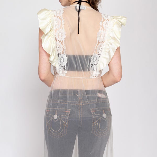 Med-Lrg 80s Sheer White Ruffled Trim Peignoir / Vintage Lace Satin Boho Loungewear Lencería Robe