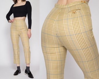 Small 60s Jack Winter Yellow Plaid High Waisted Pants Petite | Retro Vintage Tapered Leg Short Inseam Ankle Trousers