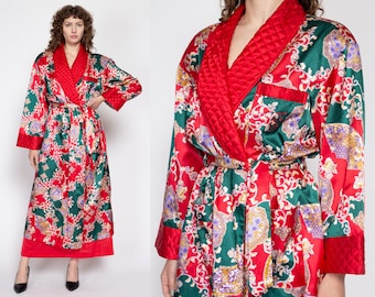 Med-Lrg 90s Victoria's Secret Red Quilted Satin Christmas Robe | Vintage Floral Boho Loungewear Maxi Kimono