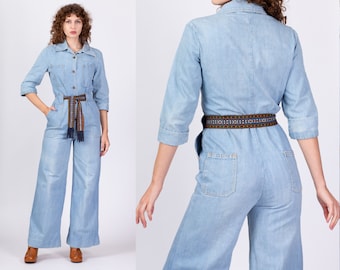 70s Denim Button Up Belted Jumpsuit Medium | Vintage Blue Jean Wide Leg Bell Bottom Retro Outfit