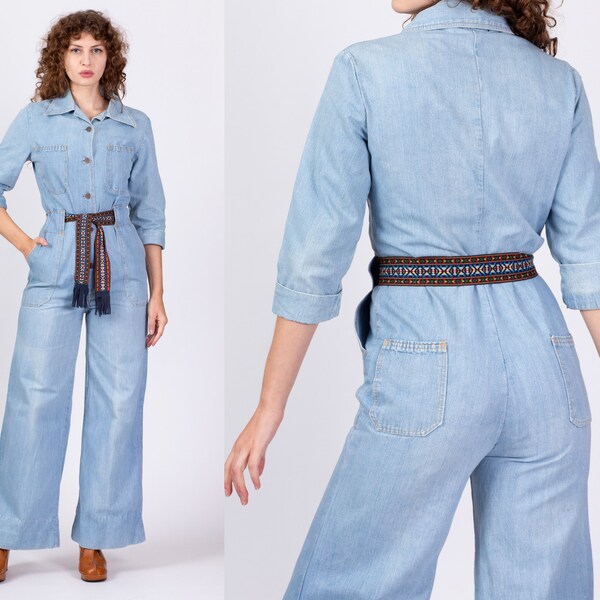 70s Denim Button Up Belted Jumpsuit Medium | Vintage Blue Jean Wide Leg Bell Bottom Retro Outfit