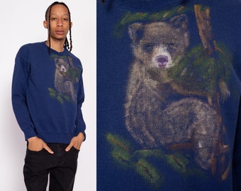 Medium 90s Bear Cub Painted Sweatshirt Men's | Vintage Navy Blue Animal Graphic Crewneck
