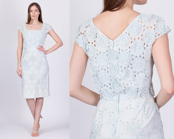 1950s Baby Blue Eyelet Sheath Midi Dress, As Is E… - image 1