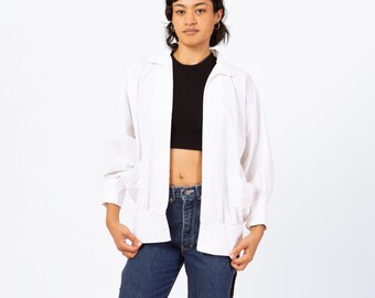 Vintage 90er Jahre Minimalist weiße Baumwolle Open Fit Jacke - Medium | Leichter Blazer mit Kragen und Manschettenärmeln
