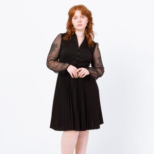 Vintage 70s Black Sheer Sleeve Gothic Party Dress - Medium | Retro Fit & Flare Long Sleeve Knee Length Little Black Dress