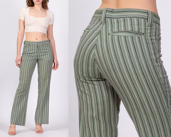 Small 70s Green Striped Mid Rise Unisex Trousers 32 Waist Vintage