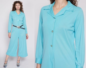 Medium 70s Retro Blue Disco Jumpsuit As Is | Vintage Button Up Long Sleeve Collared Leisure Suit