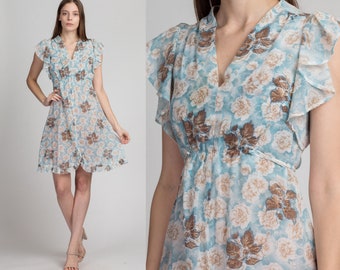 70s Sheer Blue Floral Flutter Sleeve Mini Dress XS to Small | Vintage Boho A Line Hippie Sundress