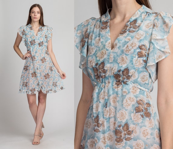 70s Sheer Blue Floral Flutter Sleeve Mini Dress X… - image 1