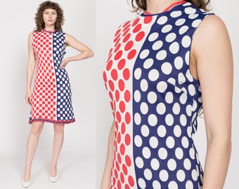 Medium 60s Red White & Blue Polka Dot Mod Mini Dress | Vintage Retro Sleeveless Color Block A Line Dress