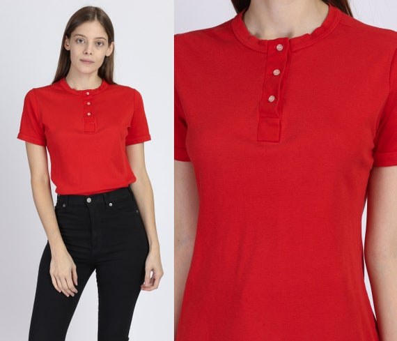 70s Red Henley Top Medium Vintage Plain 