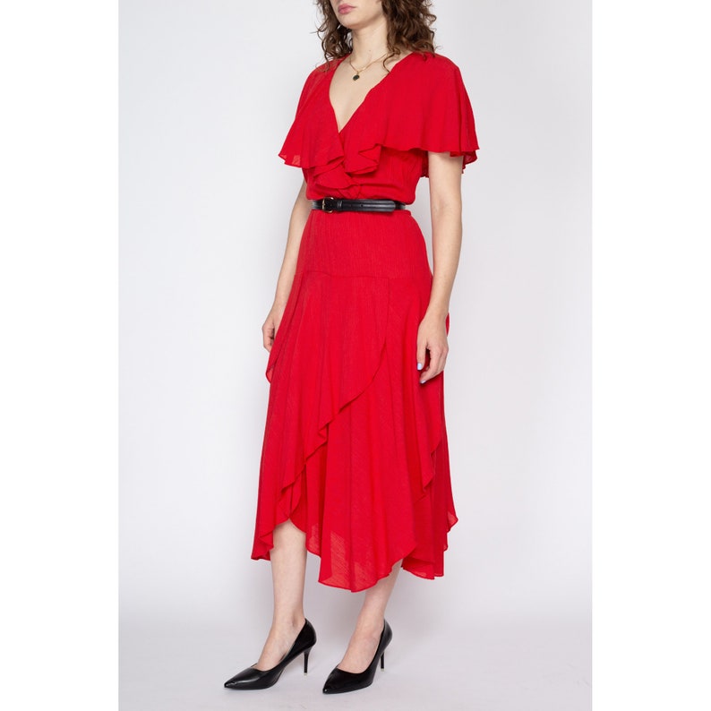 Medium 80s Red Flowy Capelet Maxi Dress Boho Vintage Flutter Sleeve V Neck Tiered Dress image 2