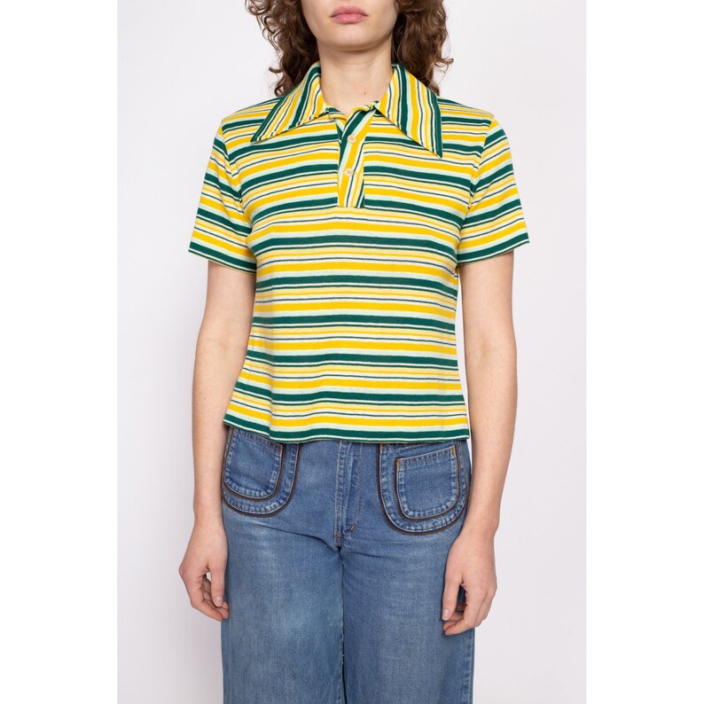 70s Yellow & Green Striped Cropped Polo Shirt Large - Etsy