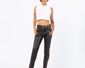 Vintage 80s Black Soft Leather Pants - Medium, 28" Waist | High Waisted Biker Chic Pants, Slim Tapered Leg Trousers
