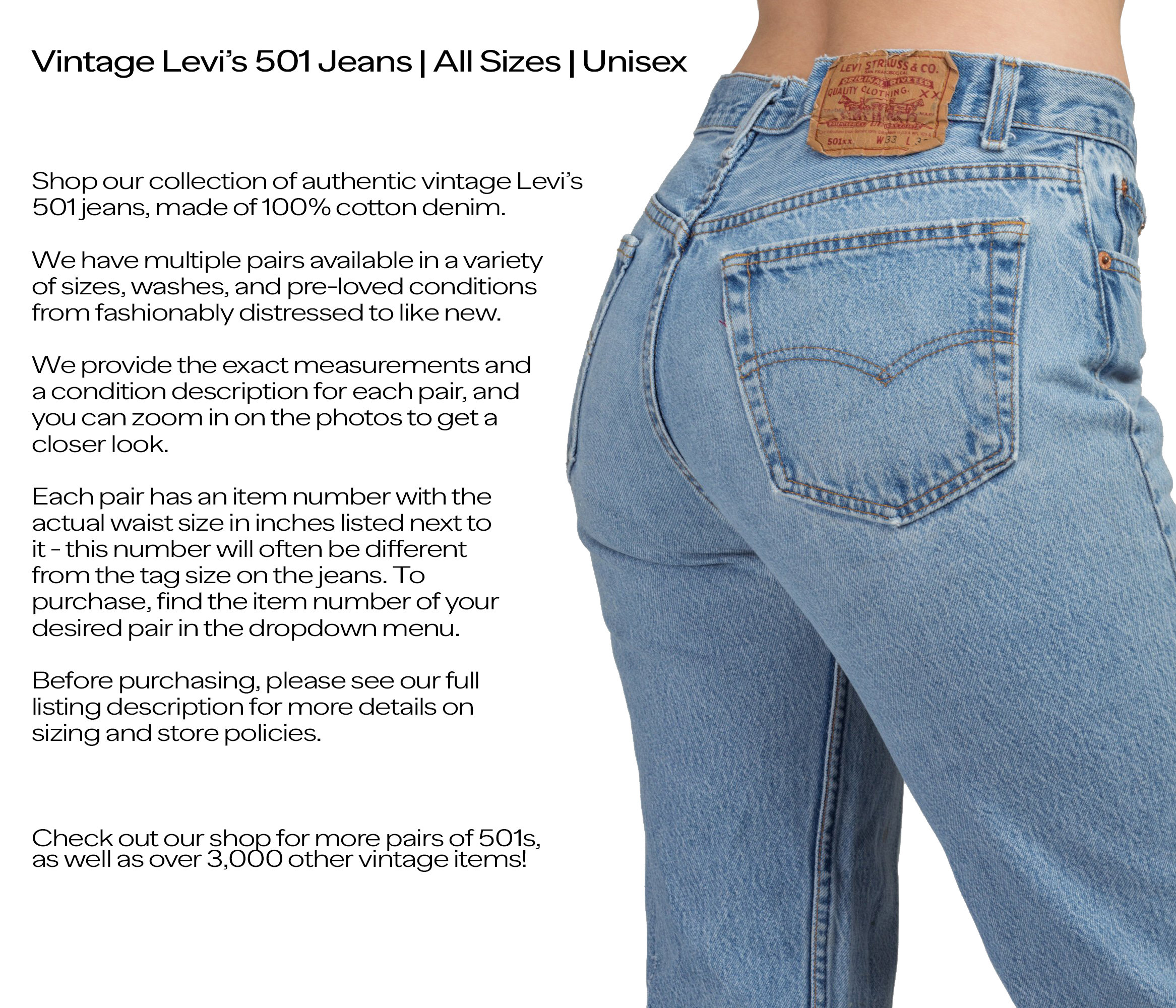 Vintage Levis 501 Jeans, All Sizes Unisex Levi's High Waisted 80s