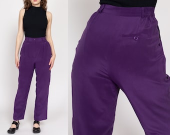 Pantalon taille haute en soie violet des années 80, 28 pouces | pantalon Mom vintage à jambe fuselée et plissée