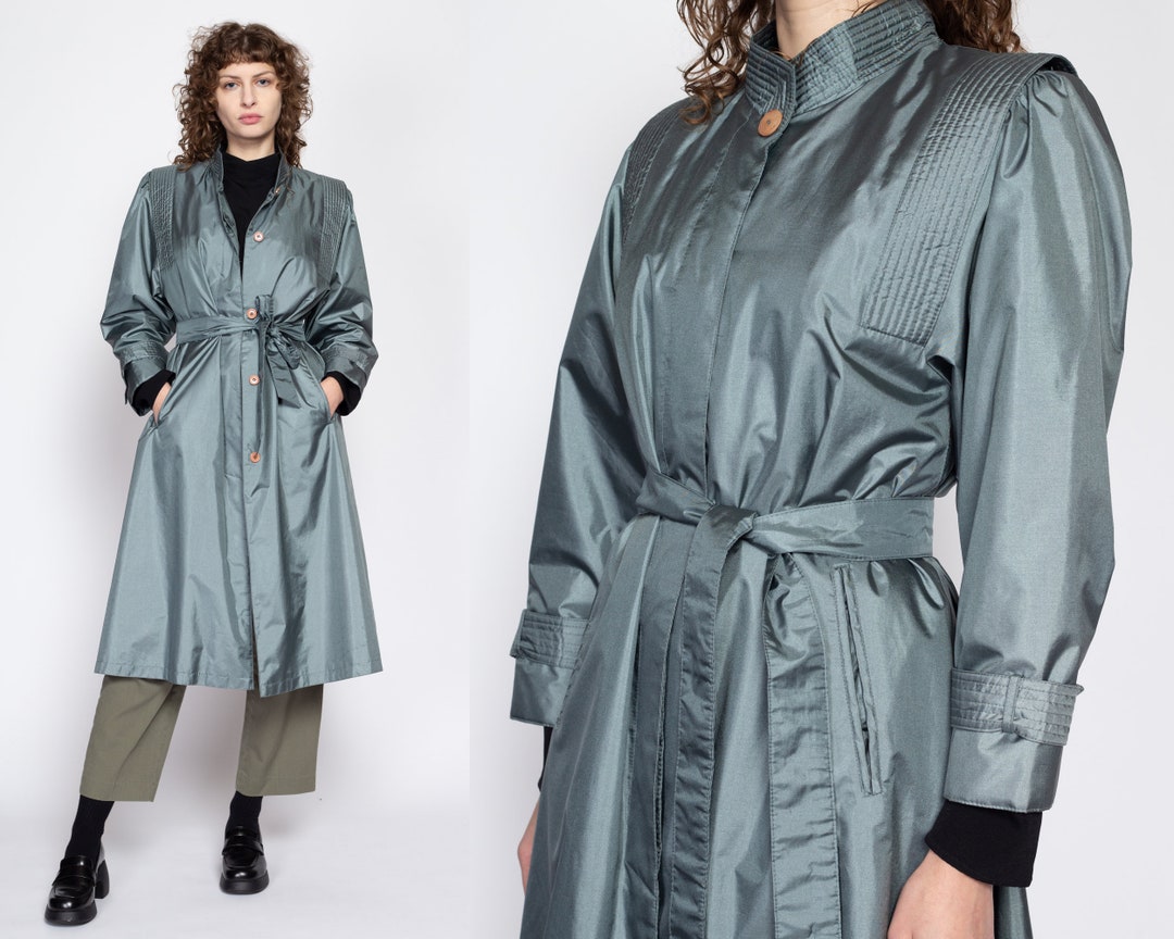 Small 80s Shiny Belted Slate Blue Trench Coat Vintage Chiango Fleet ...