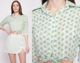 70s Cherry Print Mint Green Crop Top Small | Vintage Button Up Collared 3/4 Sleeve Cropped Disco Blouse