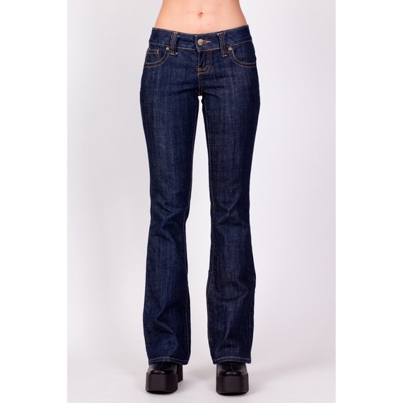 XS Y2K Dark Wash Low Rise Bootcut Jeans Vintage Stretchy Denim