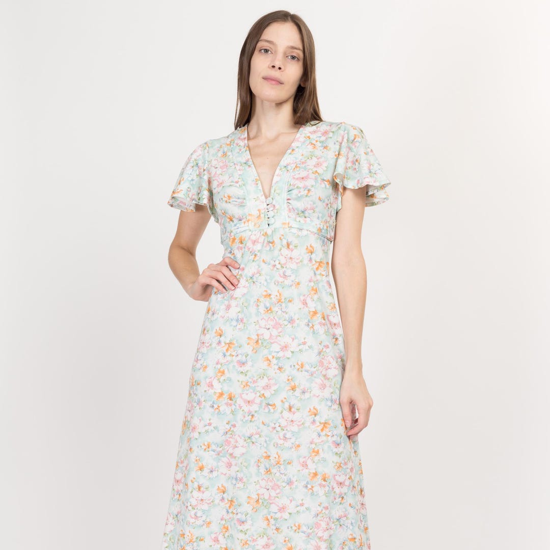 XS 70s Blue Floral Flutter Sleeve Maxi Dress | Vintage Boho Empire ...