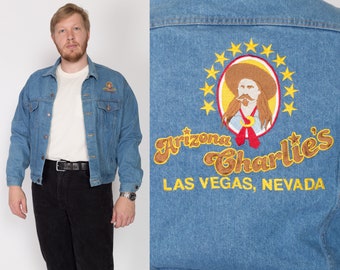 Large 90s Arizona Charlie's Las Vegas Casino Jean Jacket | Vintage Embroidered Hotel Logo Light Wash Denim Trucker Jacket