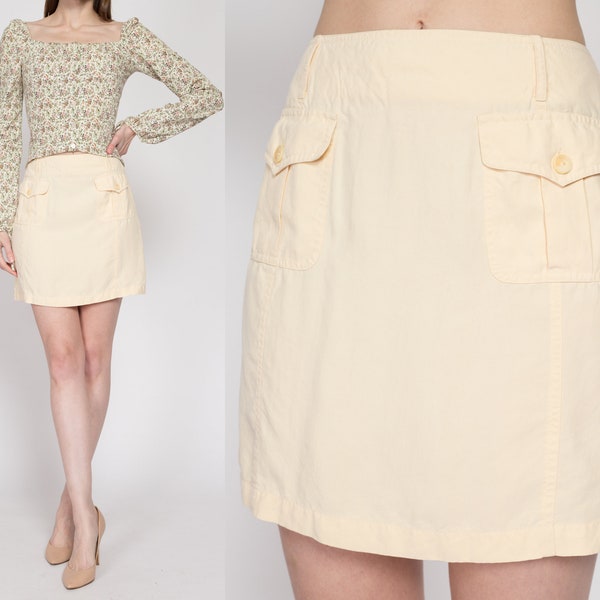 Small 90s Butter Yellow Silk Mini Skirt | Vintage High Waisted Minimalist A Line Pocket Skirt