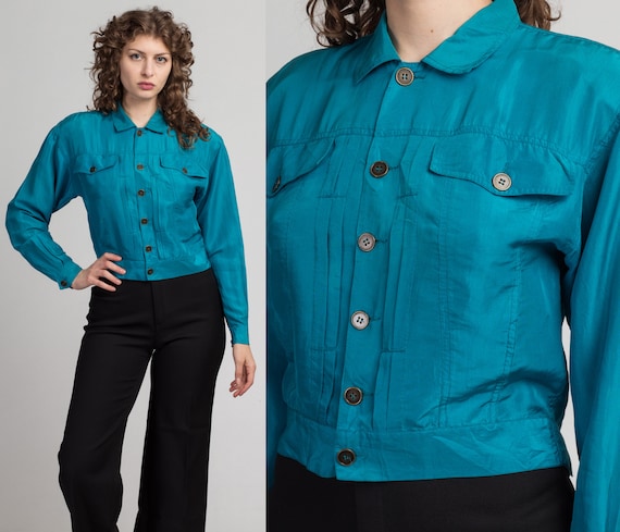 Vintage Blue Silk Jacket Crop Top Large | 80s 90s… - image 1