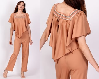 70s Embroidered Flutter Capelet Jumpsuit XS to Petite Small | Vintage Boho Taupe Brown Disco Pantsuit