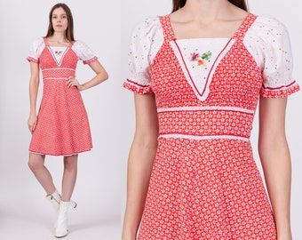 XS 70s Red & White Floral Puff Sleeve Mini Dress | Vintage Boho Eyelet Trim A Line Prairie Dress