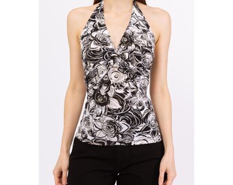Vintage Y2K Cache Black & White Floral Halter Top - Extra Small