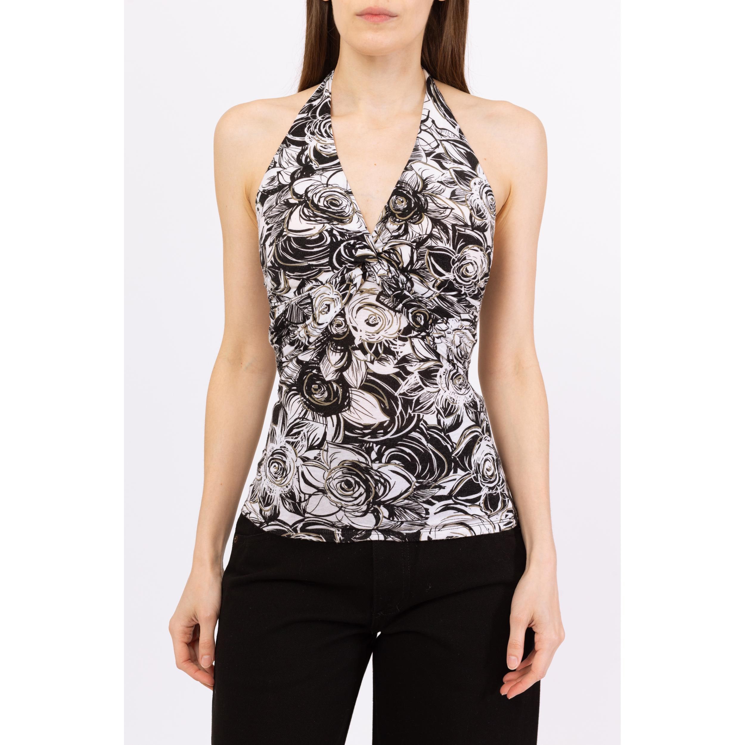 Vintage Y2K Cache Black & White Floral Halter Top - Extra Small