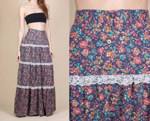 70s Boho Floral Maxi Skirt - Extra Small | Vintage