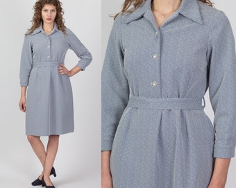 70s Blue & White Checked Mod Shirt Dress Medium | Vintage Button Up Retro Belted Knee Length Dress