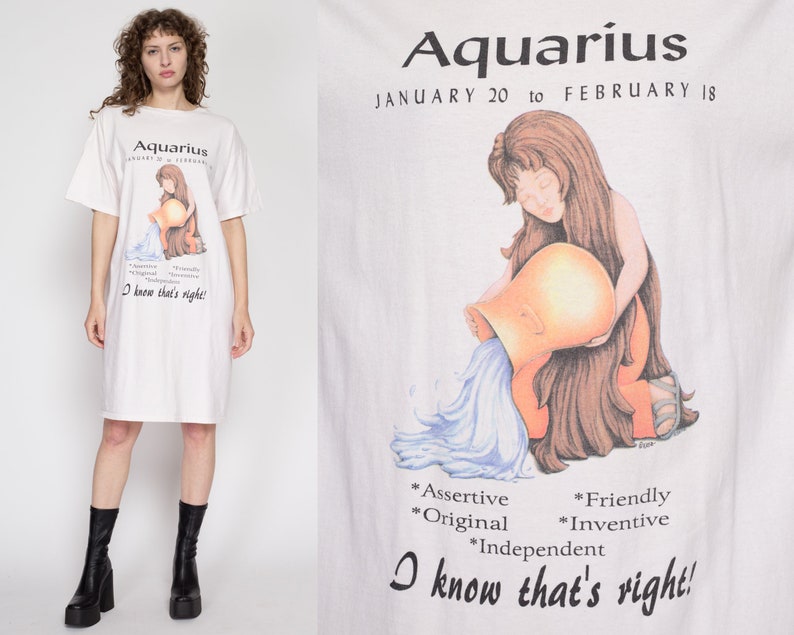 One Size 80s Aquarius Astrology Sleep Shirt Vintage Zodiac Sign Oversize Pajama T Shirt Dress image 1