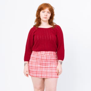 Vintage 90s Wine Red Chevron Pointelle Knit Cropped Sweater - Medium to Large | Maroon Cotton Cropped Boatneck 3/4 Sleeve Pullover