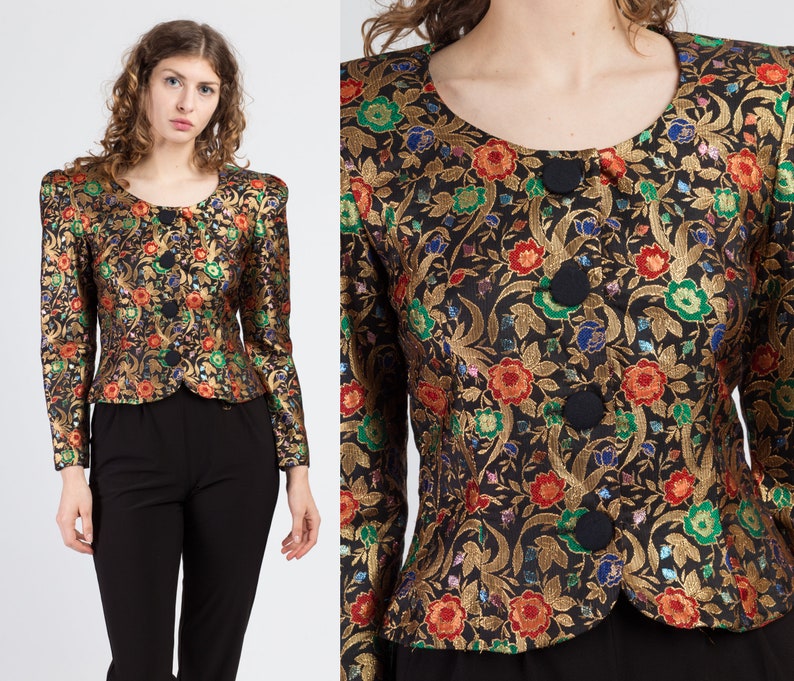 80s Metallic Floral Brocade Crop Top Small Vintage Long Sleeve Button Up Jacket Shirt