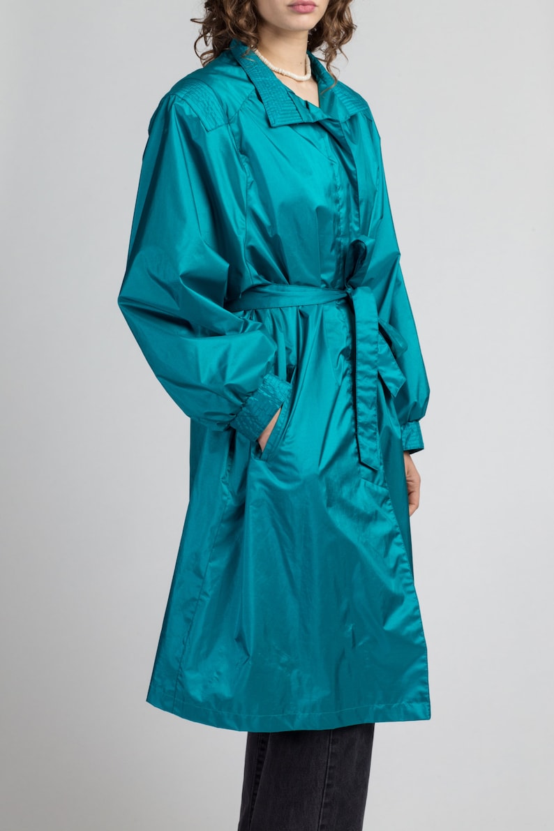 80s Shiny Belted Teal Trench Coat Extra Large Vintage Etsy