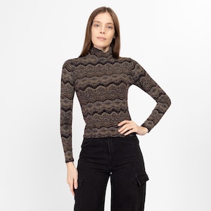 XS-Sm 90er Jahre Schwarz Gestreiftes Funkeln Rollkragen Top | Vintage Stretchy Langarm Glitzer Shirt