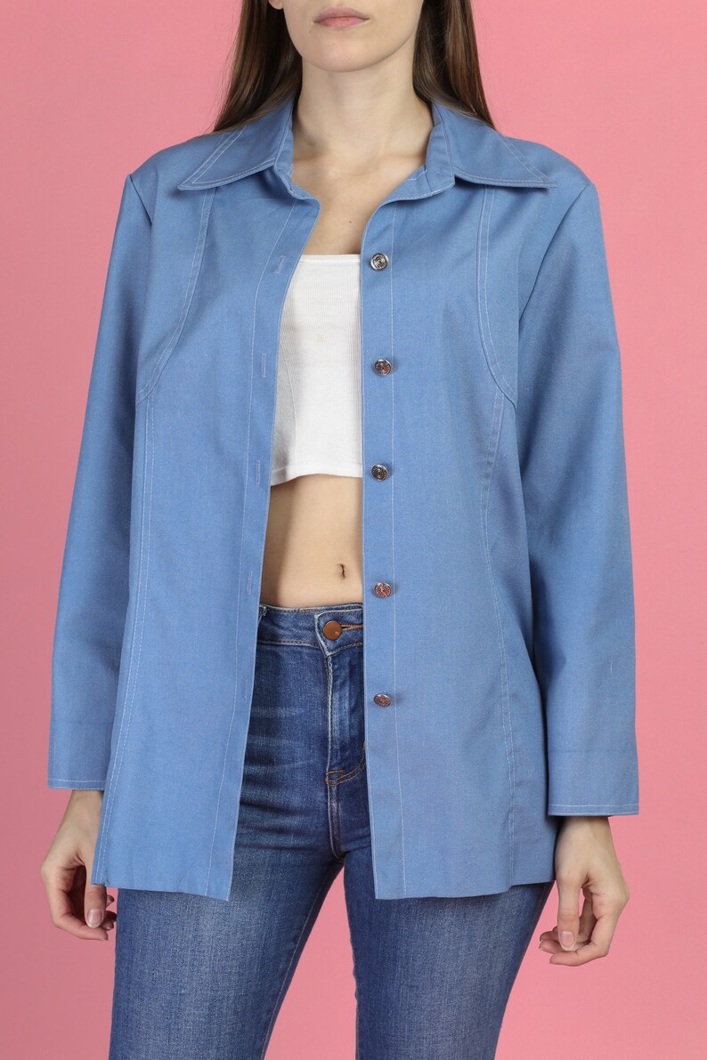 Medium 70s Mod Blue Pointed Collar Shirt Vintage Button Up Long Sleeve Overshirt Disco Top