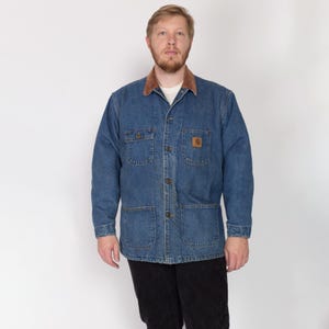XL 90s Carhartt Denim Blanket Lined Chore Coat | Vintage Union Made In USA Corduroy Collar Workwear Jean Jacket