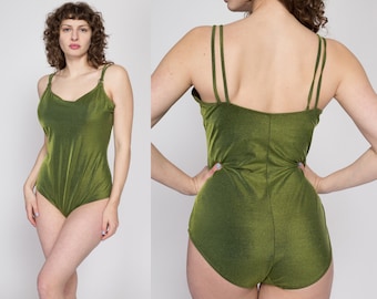 XL 90s Liz Claiborne Olive Green One Piece Bathing Suit | Vintage Elisabeth Luminescent Spaghetti Strap Swimsuit