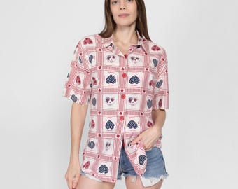 90s Heart Bandana Print Button Up Shirt - Large | Retro Kitsch Vintage Short Sleeve Patchwork Collared Top