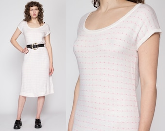 Large 80s White & Pink Striped Knit Midi Dress | Vintage Scoop Neck Short Sleeve Sweater Dress