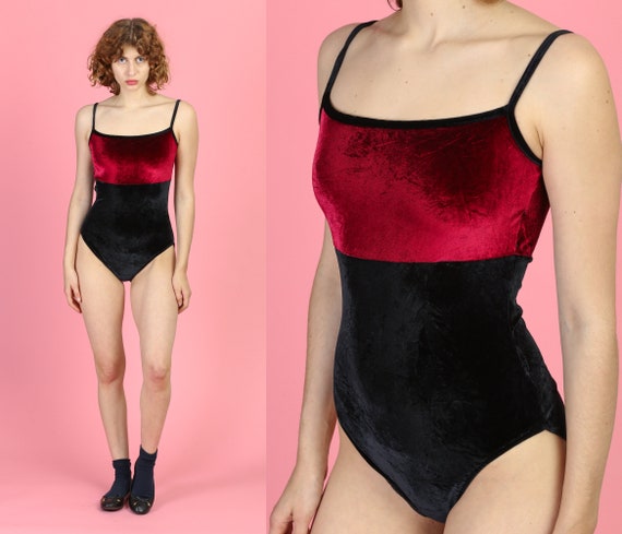 90s Red & Black Velvet Bodysuit - Medium | Vintage